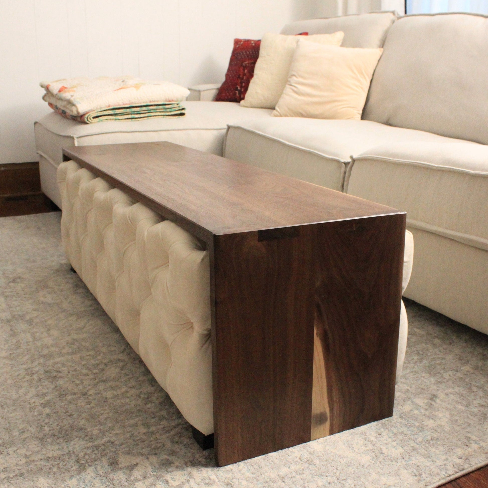 Ottoman Bridge Table: Tufted Waterfall Wood Bridge