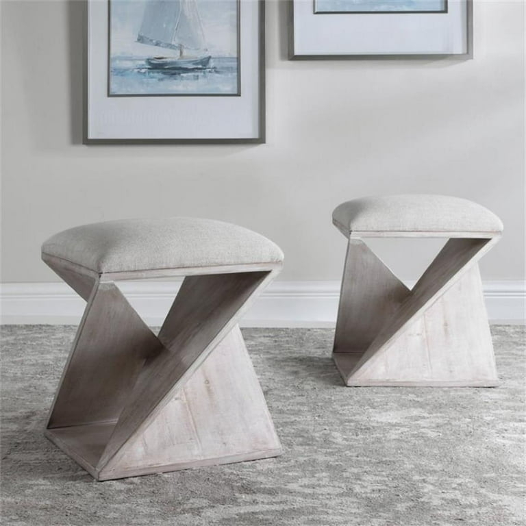 Ottoman Geometric Base White Wash Finish Sculptural Seat