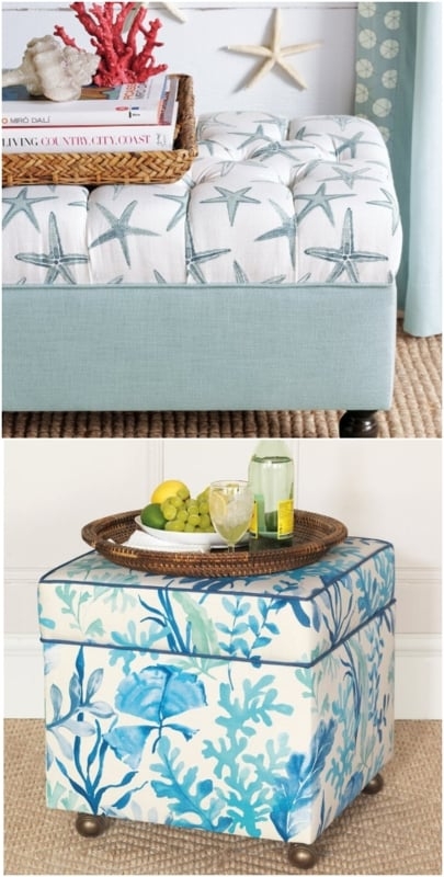 Ottoman Ocean Motifs Tufted Upholstery Rolling Casters