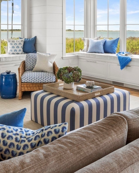 Ottoman Oversized Striped Pattern Navy Blue Coffee Table