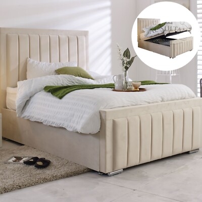Ottoman Storage Bed: Champagne Velvet with Fluted Panels