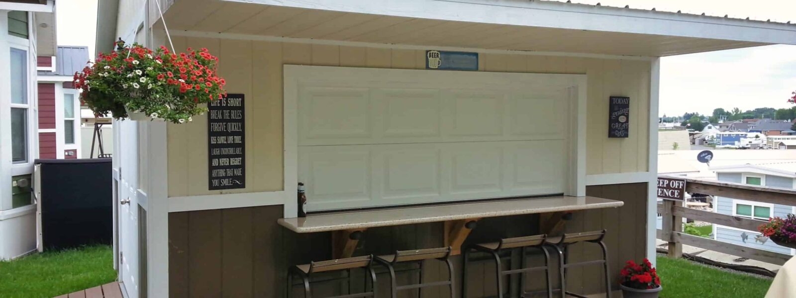 Outdoor Bar Shed Two-Tone Garage Style Serving Window