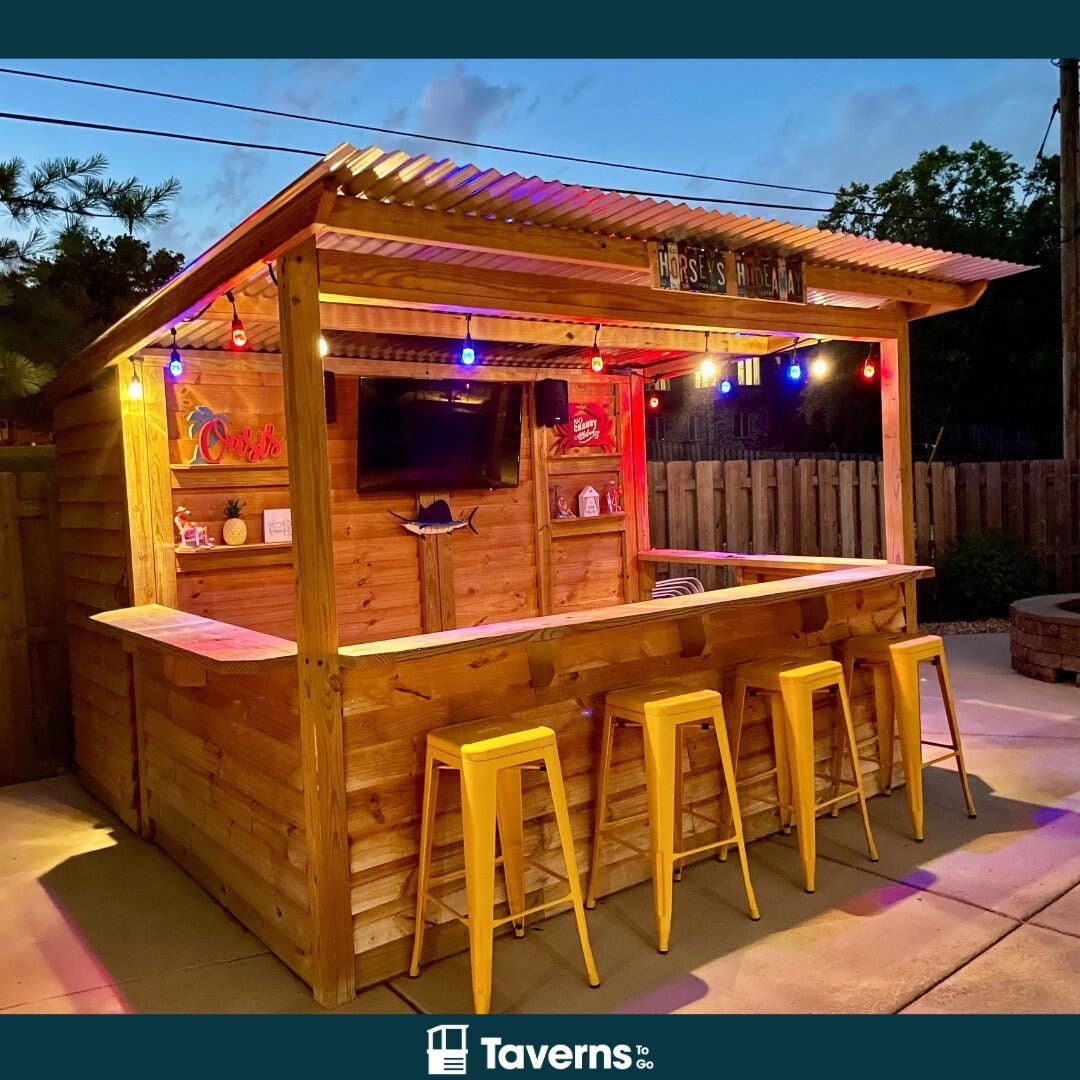 Outdoor Bar Shed Vibrant Stools Corrugated Metal Roof