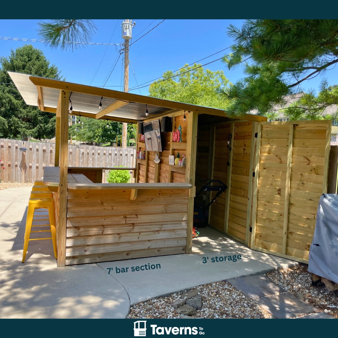 Outdoor Bar Shed Yellow Stools and Built-in Storage