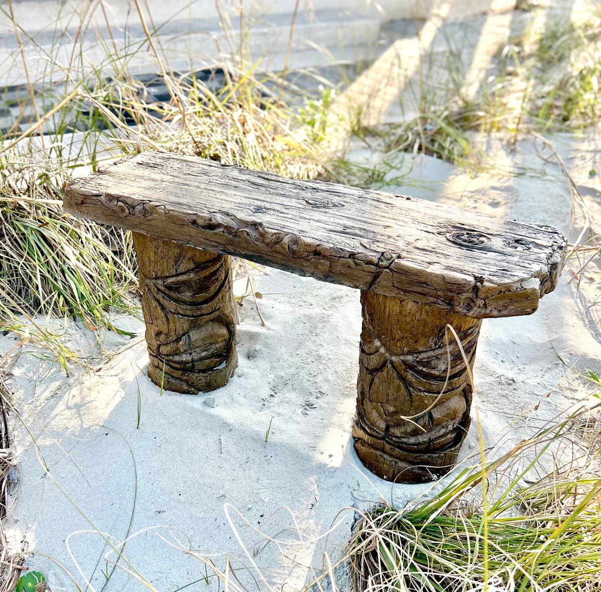 Outdoor Bench with Tiki Carved Legs and Driftwood Style Top