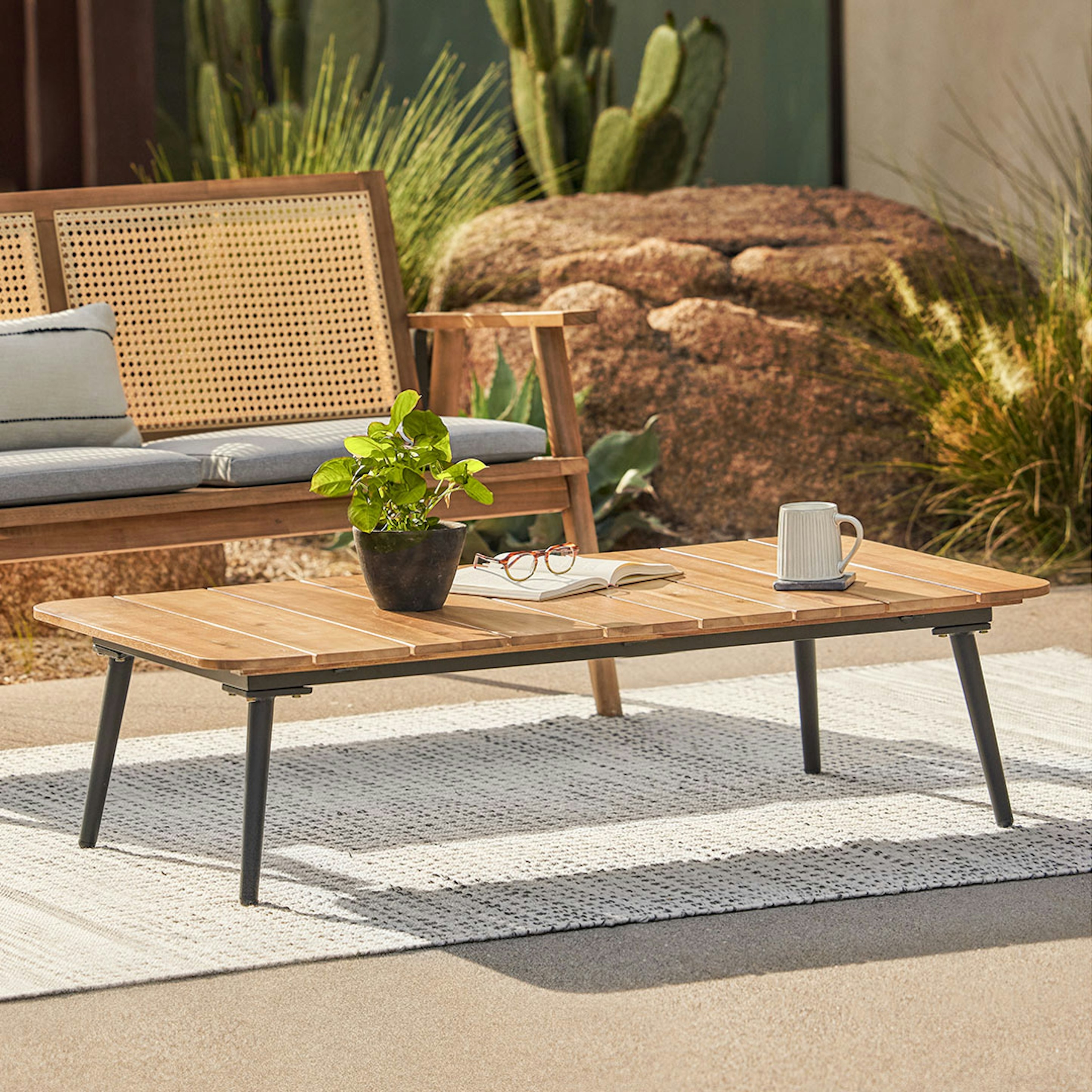 Outdoor Coffee Table Slatted Top Tapered Legs Slate Gray