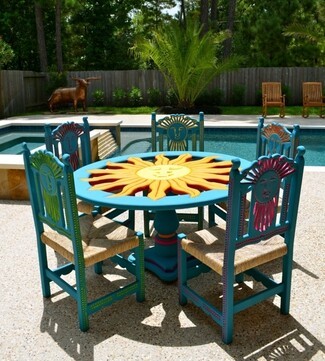 Outdoor Dining Set: Turquoise Sun Motif Chairs Folk Art