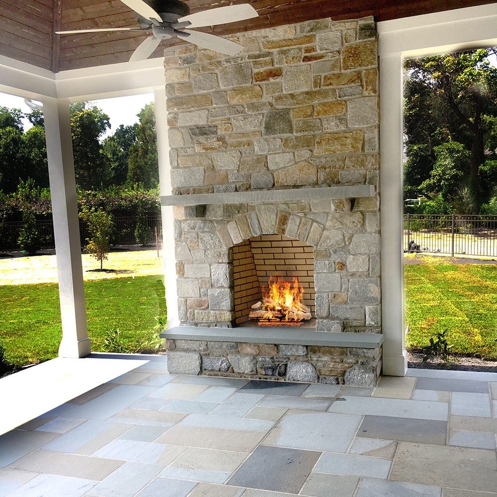 Outdoor Fireplace: Arched Stone Firebox Multi Tonal Veneer Look