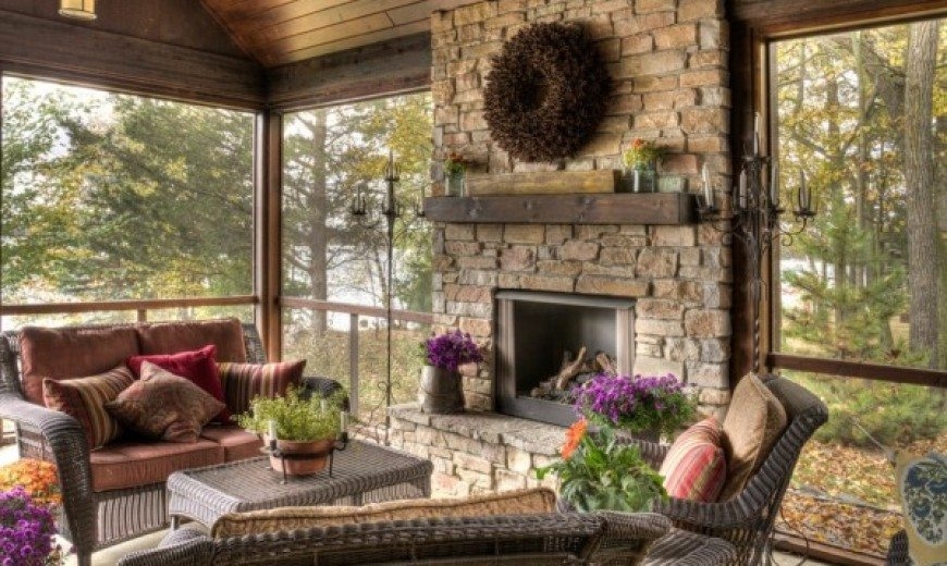 Outdoor Fireplace: Autumn Screened Porch Decor Stacked Stone Wall