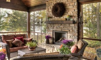 Outdoor Fireplace: Autumn Screened Porch Decor Stacked Stone Wall