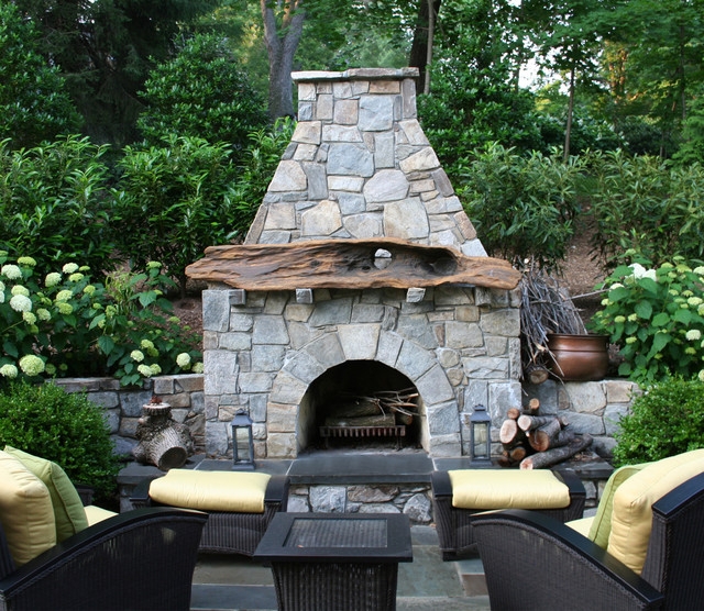 Outdoor Fireplace: Driftwood Mantel Fireplace Fieldstone Masonry