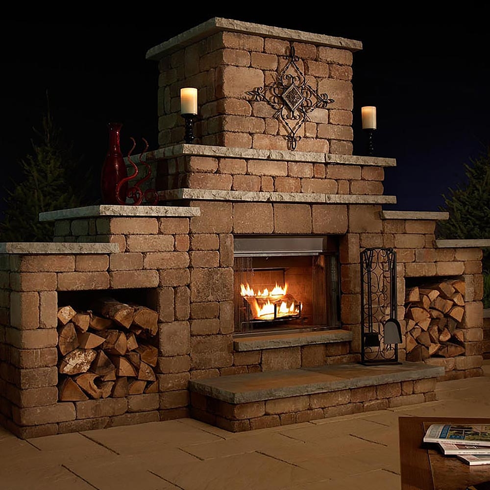 Outdoor Fireplace: Grand Stone Fireplace Design Wood Storage Niches