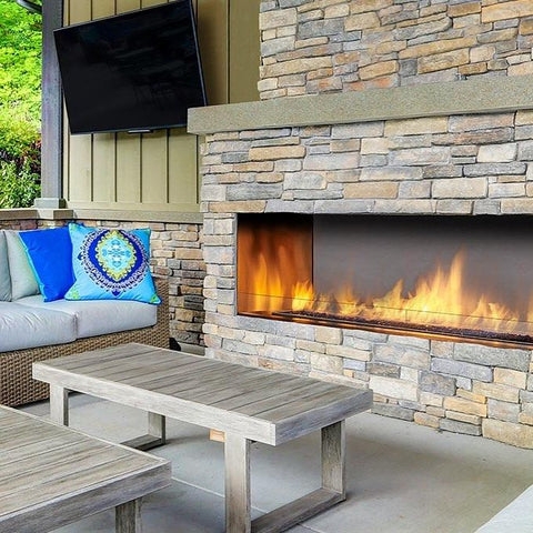 Outdoor Fireplace: Linear Outdoor Fireplace Design Stacked Stone
