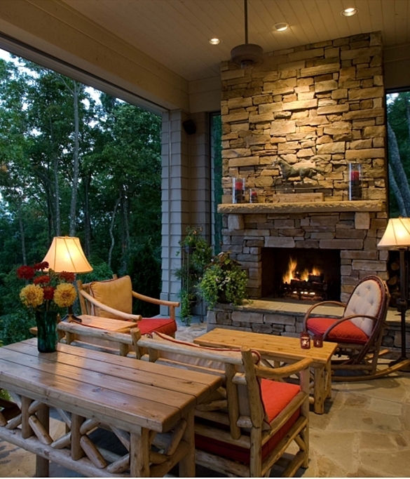 Outdoor Fireplace: Lodge Style Living Stacked Stone Chimney