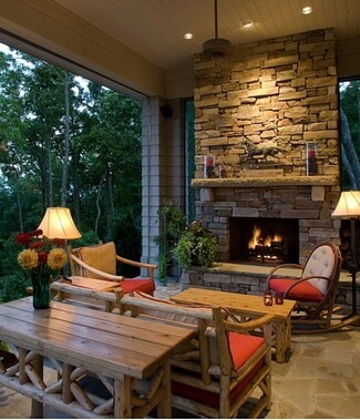 Outdoor Fireplace: Lodge Style Living Stacked Stone Chimney