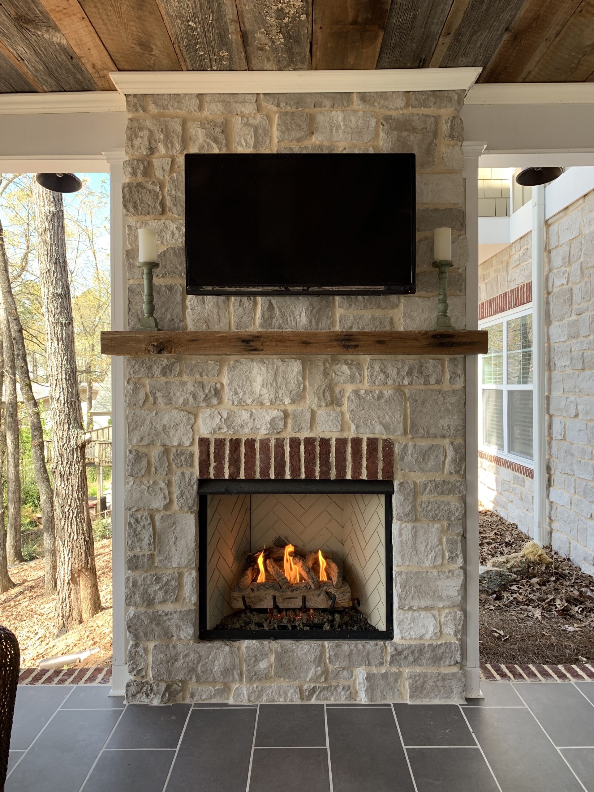 Outdoor Fireplace: Modern Farmhouse Backyard Hearth Herringbone