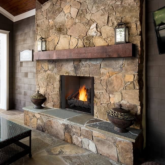Outdoor Fireplace: Mountain Lodge Patio Fieldstone Masonry Style