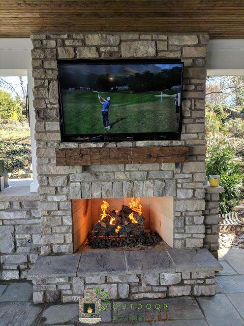 Outdoor Fireplace: Recessed TV Above Fireplace Stacked Masonry