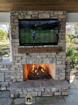 Outdoor Fireplace: Recessed TV Above Fireplace Stacked Masonry