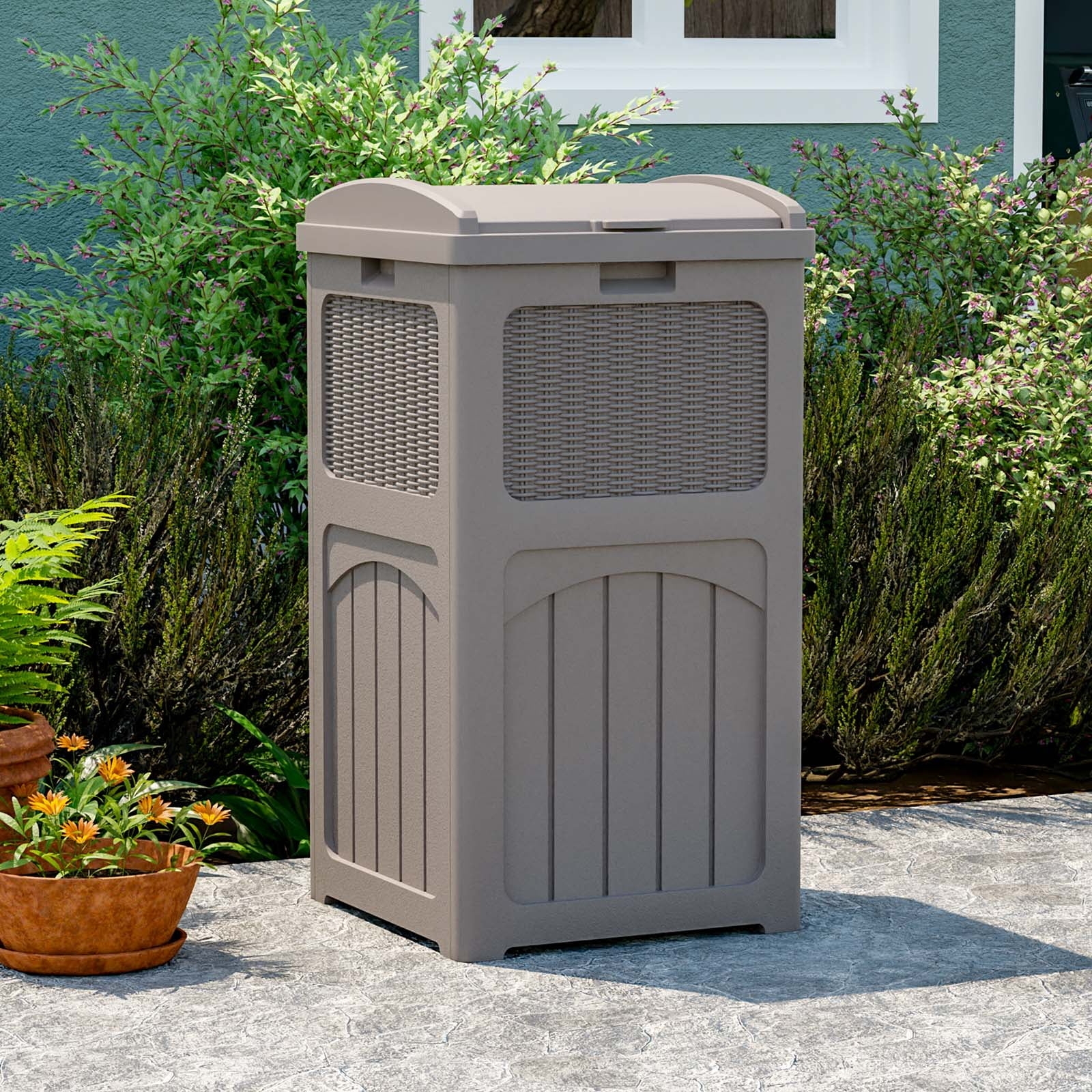 Outdoor Garbage Bin with Wicker Textured 36 Gallon Gray Bin