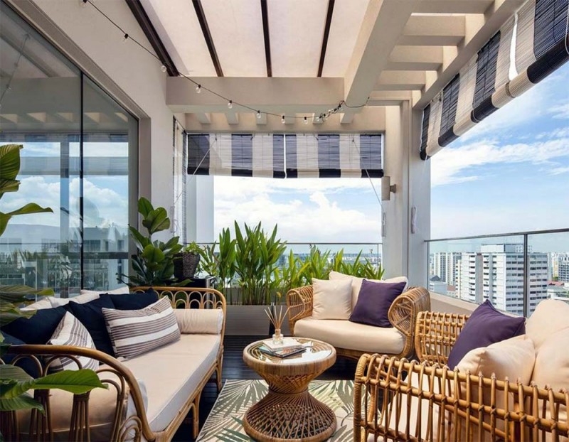 Outdoor Lounge Set with Striped Bamboo Outdoor Blinds