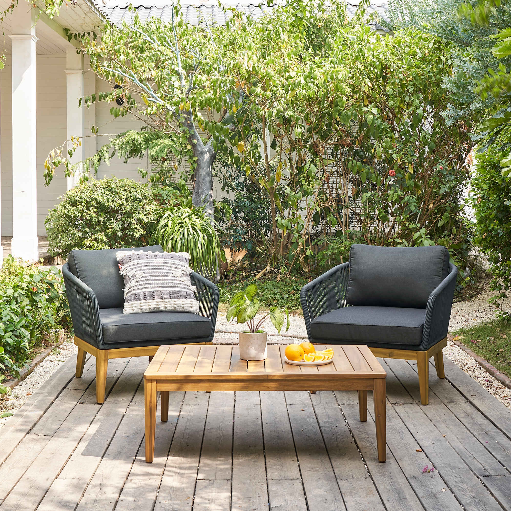 Outdoor Lounge Set with Woven Rope Detailing and Slatted Table