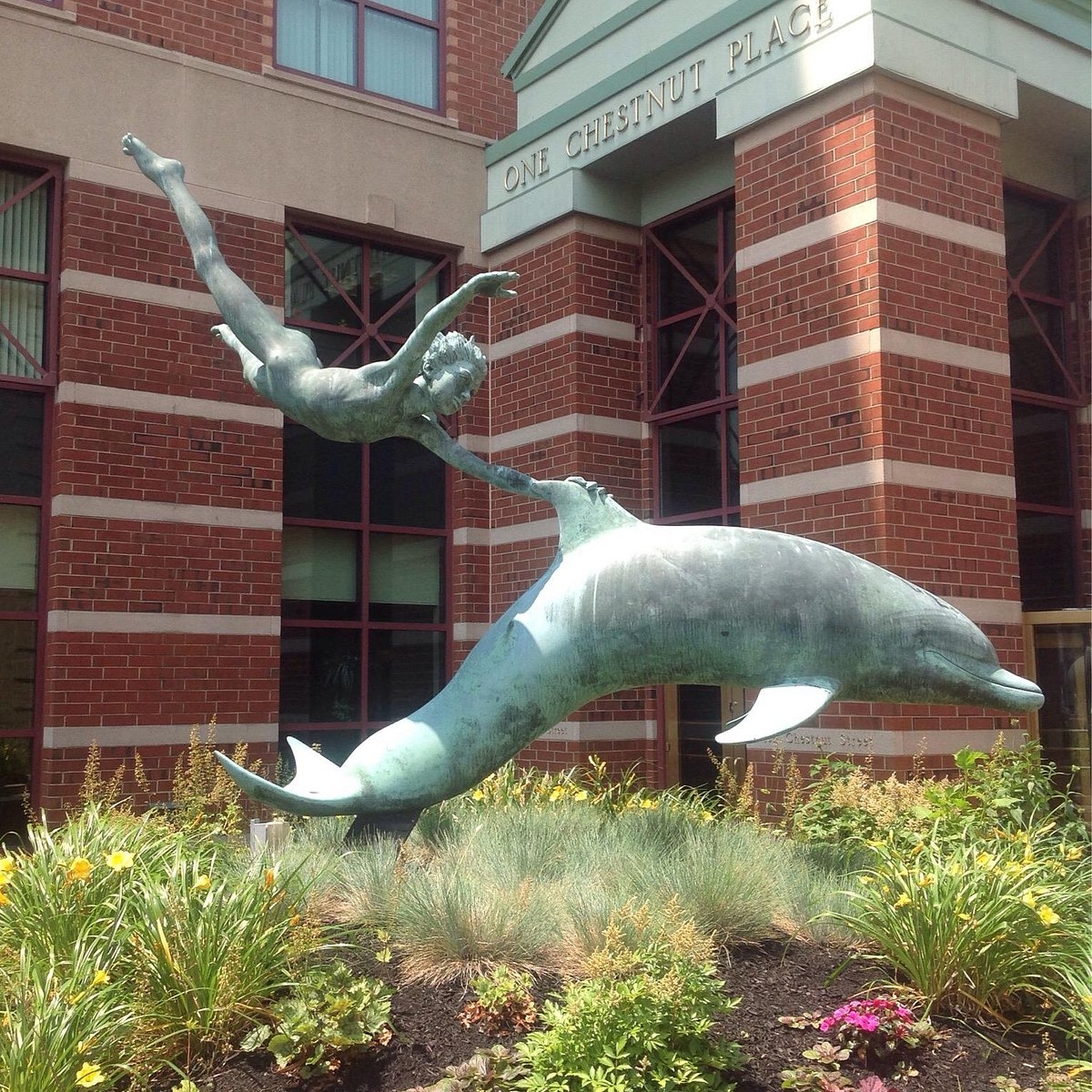 Outdoor Sculpture: Verdigris Green Boy and Dolphin Plaza Art