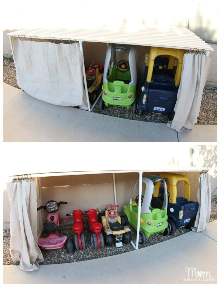 Outdoor Toy Garage with Sliding Curtains and Pipe Frame