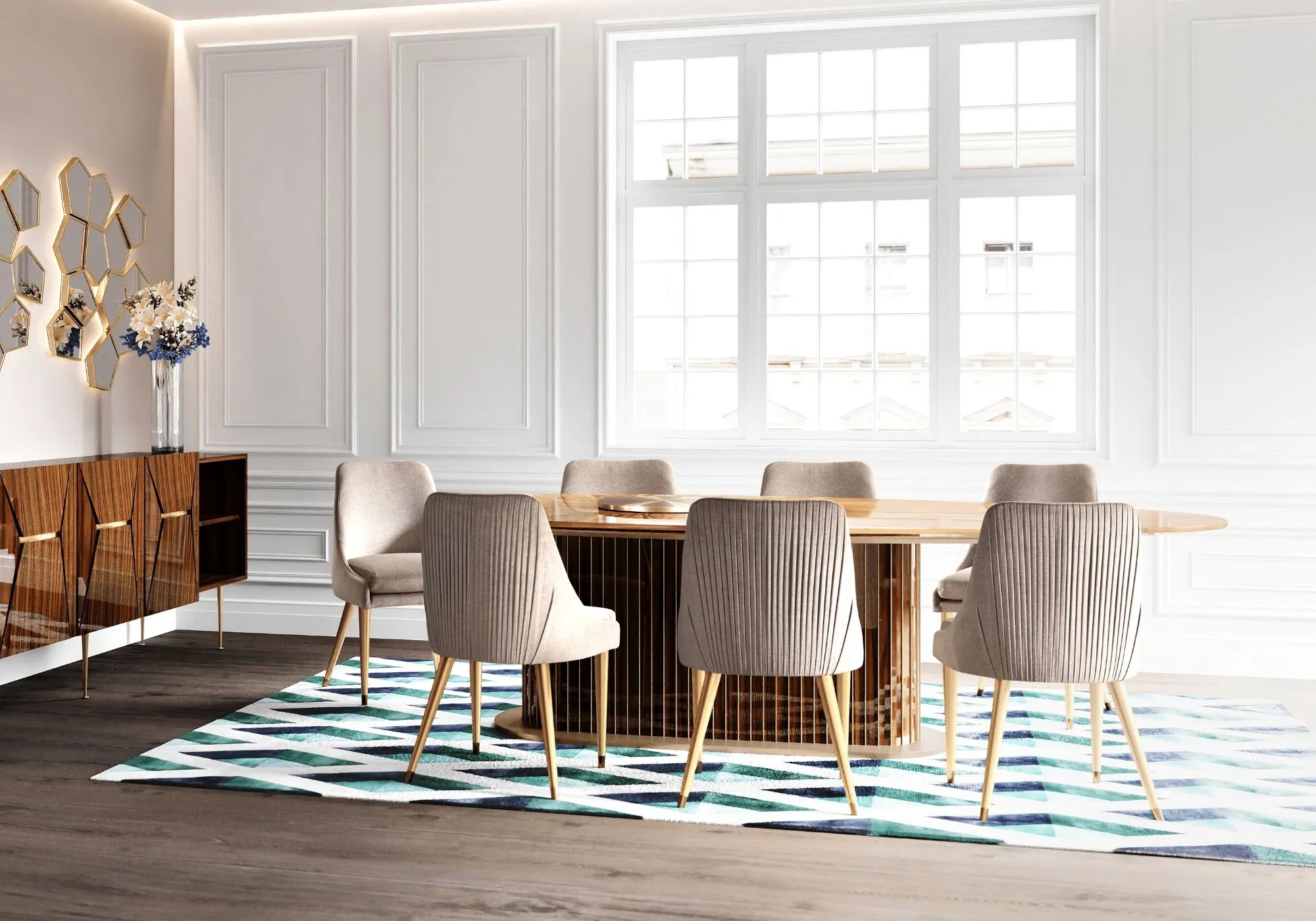 Oval Dining Table Channeled Upholstery and Luxury Fluted Base