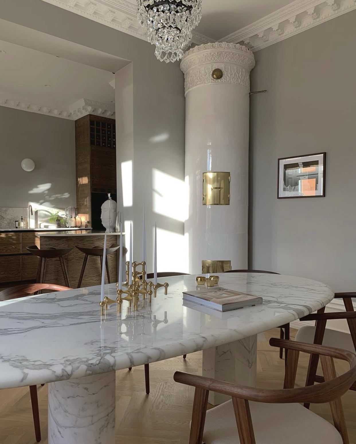 Oval Dining Table Cylindrical Pedestal White Marble Stone