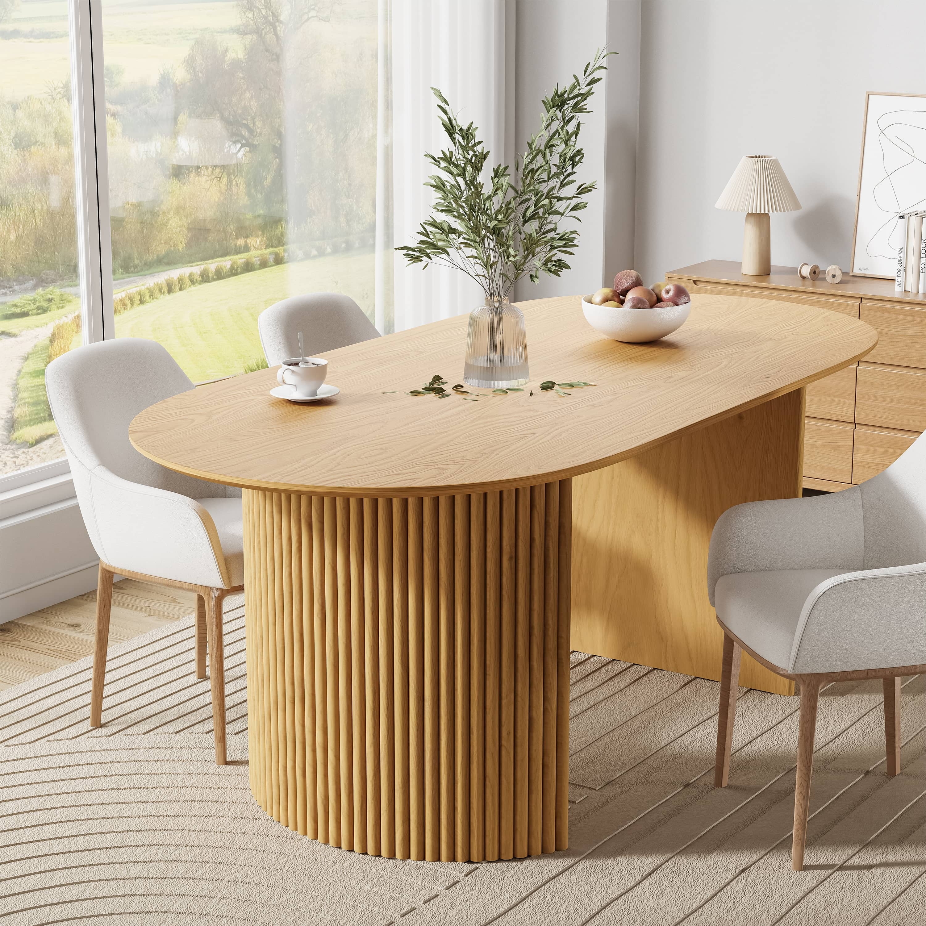 Oval Dining Table Displaying Fluted Pedestal Oak
