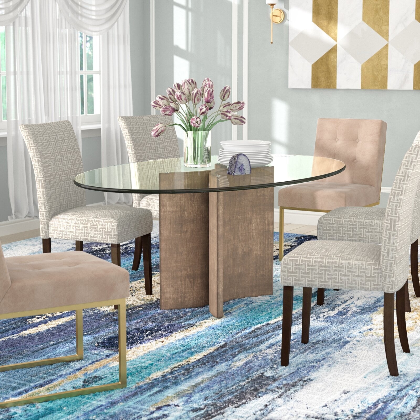 Oval Dining Table Using Thick Glass Top Geometric