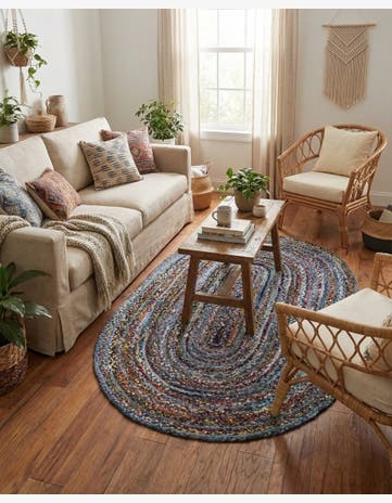 Oval Rug: Multicolor Braided Texture, Natural Rattan Accents