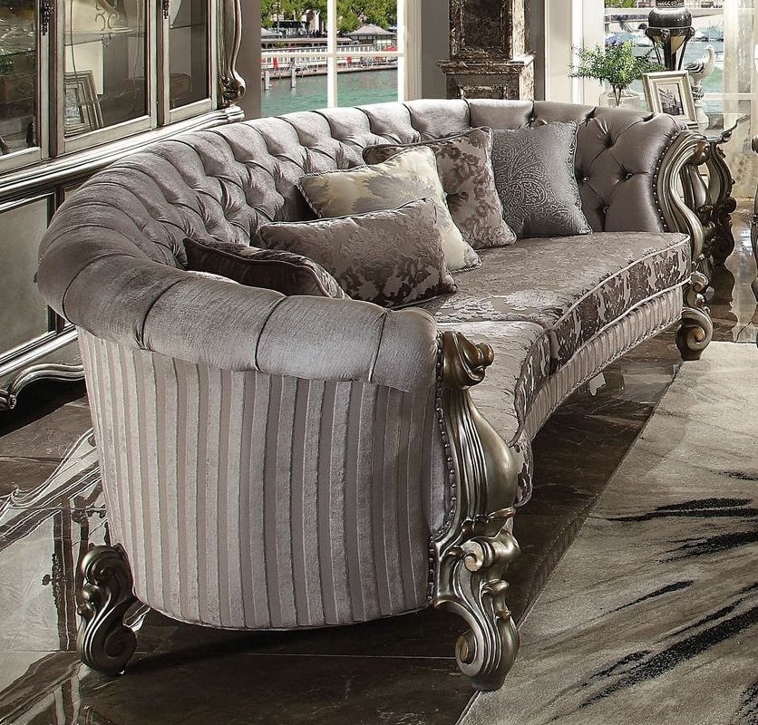 Oval Sofa featuring Carved Scroll Legs and Silver