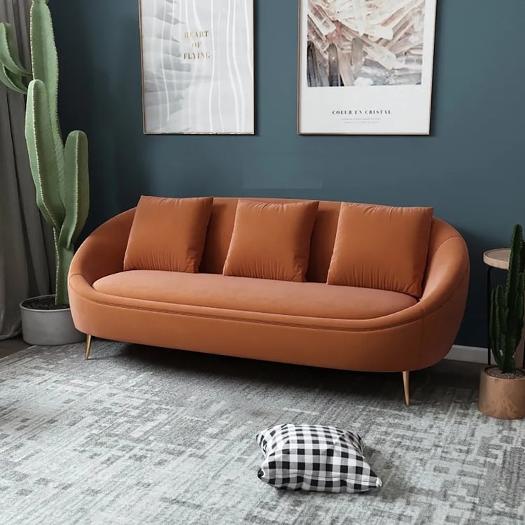 Oval Sofa with Gold Tapered Legs in Burnt Orange
