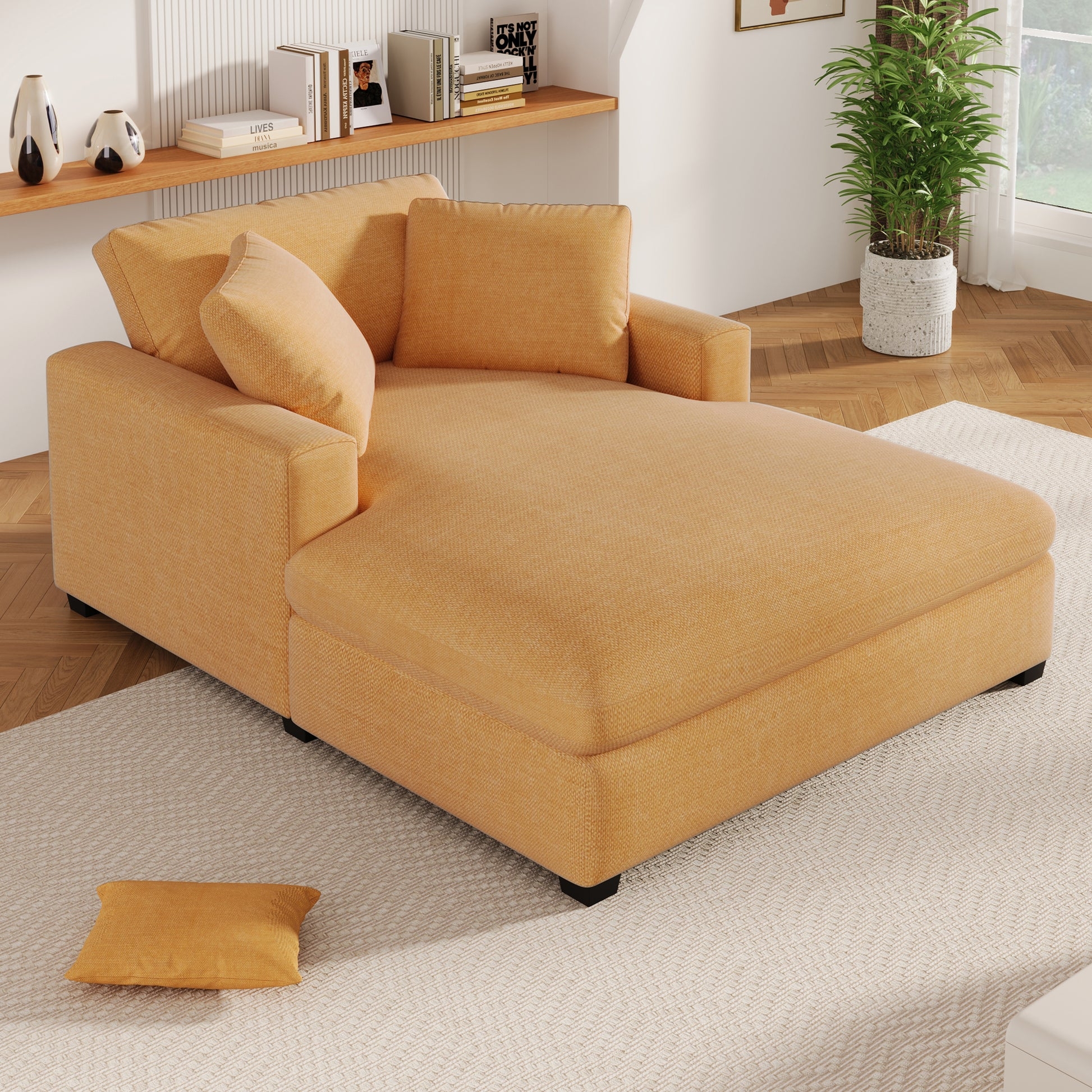 Oversized Chaise Apricot Upholstery Woven Texture Deep Seated Sofa