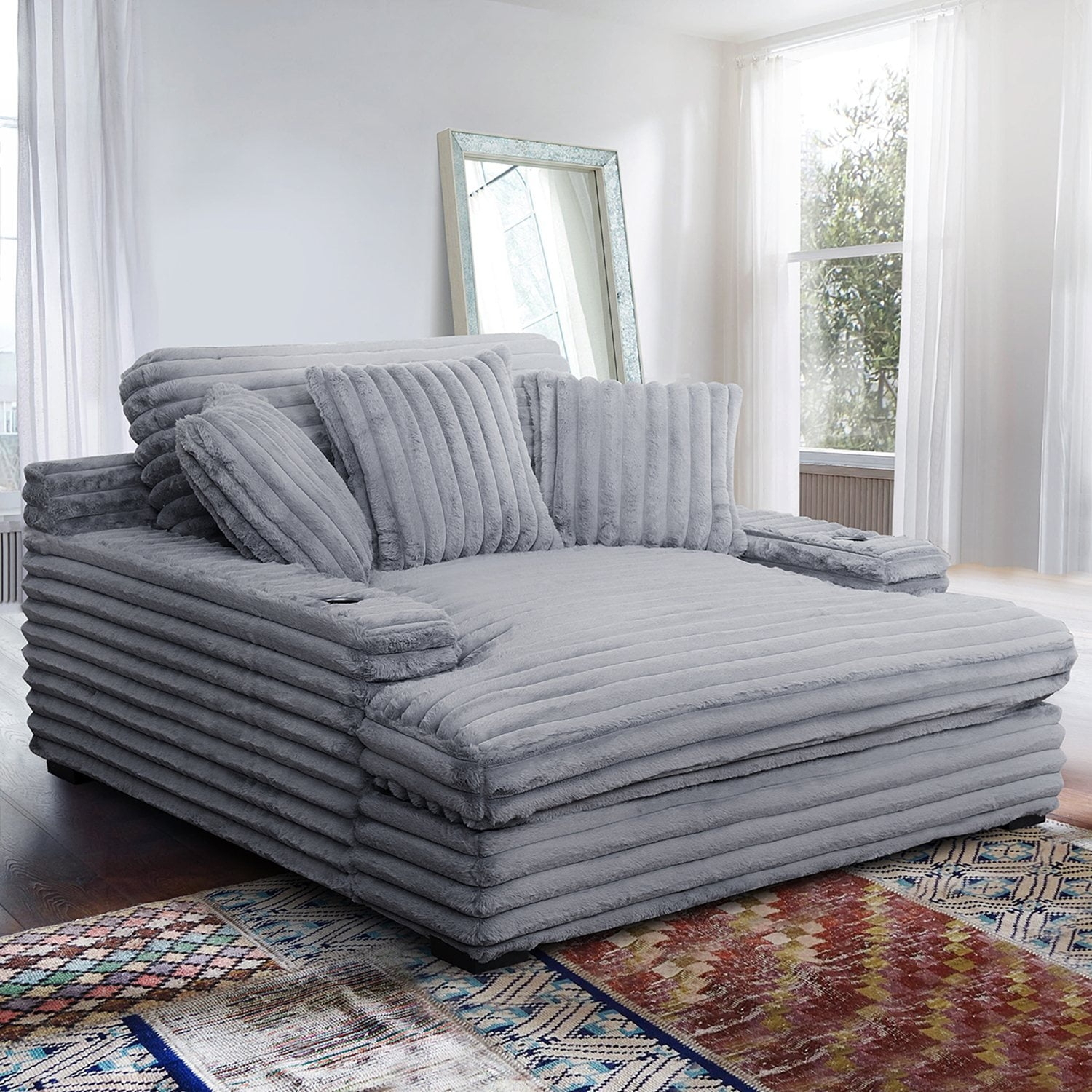 Oversized Chaise Cool Gray Channeled Upholstery Extra Wide Seating