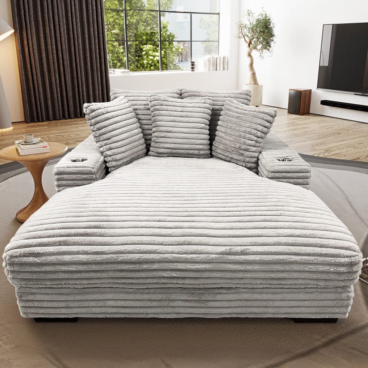Oversized Chaise Lounge Silver Grey Corded Texture Wide Movie Daybed