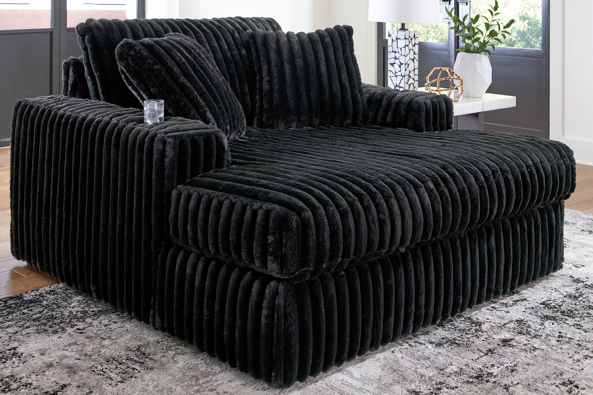 Oversized Chaise Midnight Black Vertical Ribbing Plush Seating