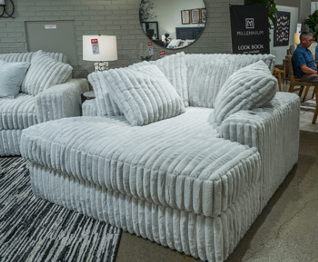 Oversized Chaise Vertical Ribbing Gray Plush Reading Chair