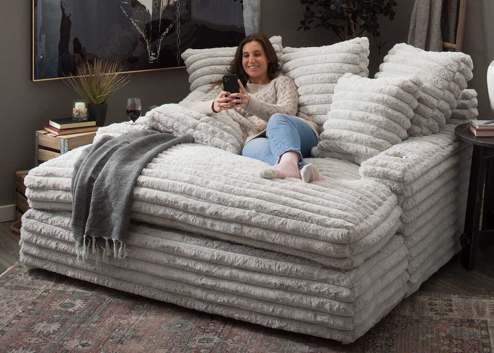 Oversized Lounge Chair Ivory Ribbed Plush Texture Floor Hugging Base