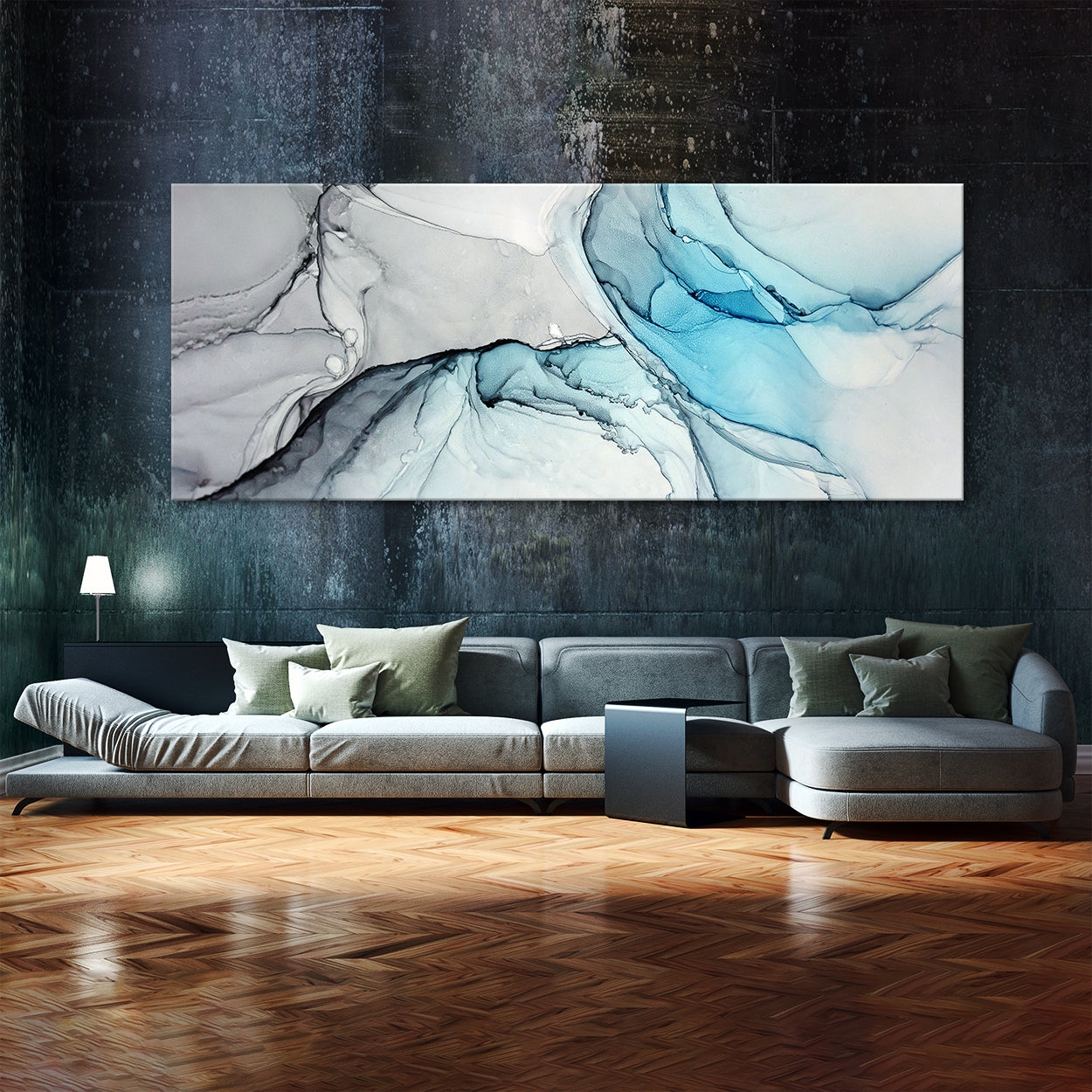 Panoramic Wall Art Fluid Abstract Print and Blue Marble Decor