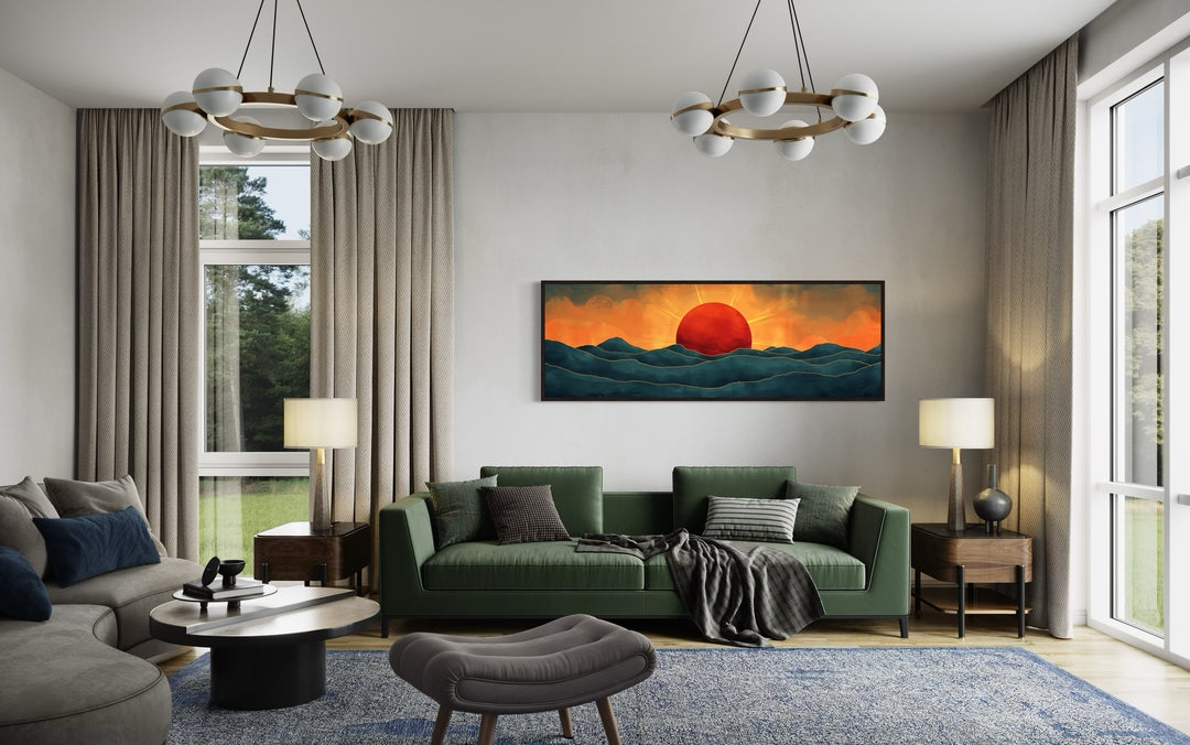 Panoramic Wall Art Stylized Ocean Waves for Mid Century Decor