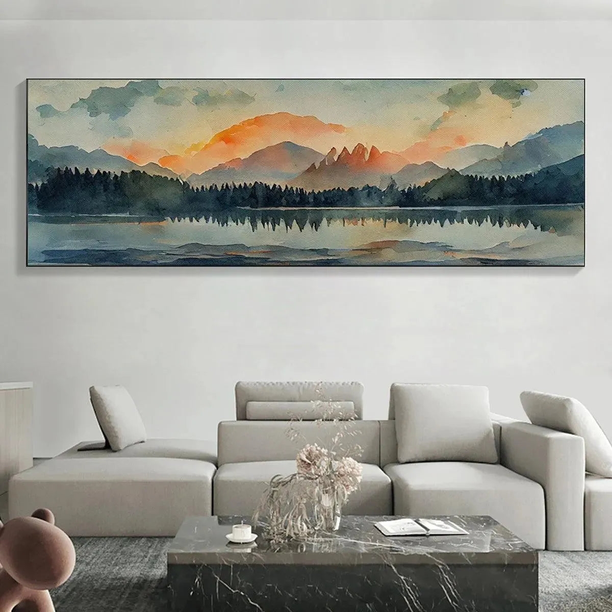 Panoramic Wall Art Sunset Hues Watercolor Mountain Landscape