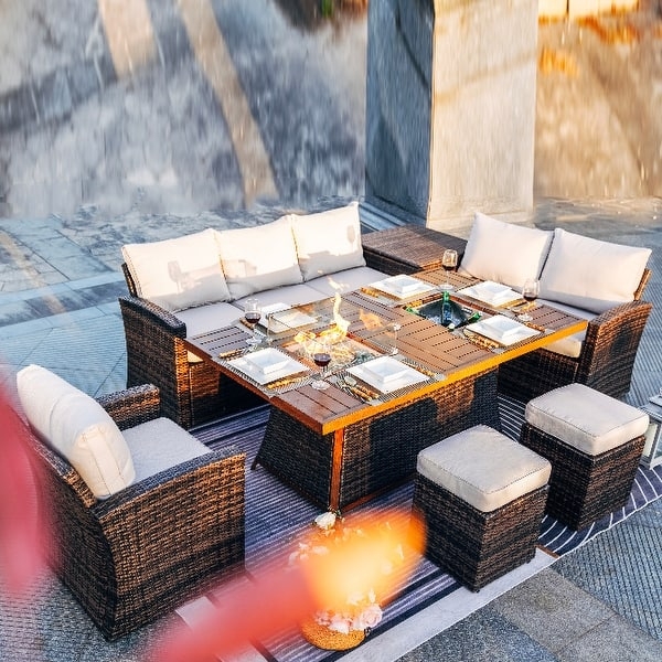 Patio Dining Set with Fire Pit & Integrated Ice Bucket Table
