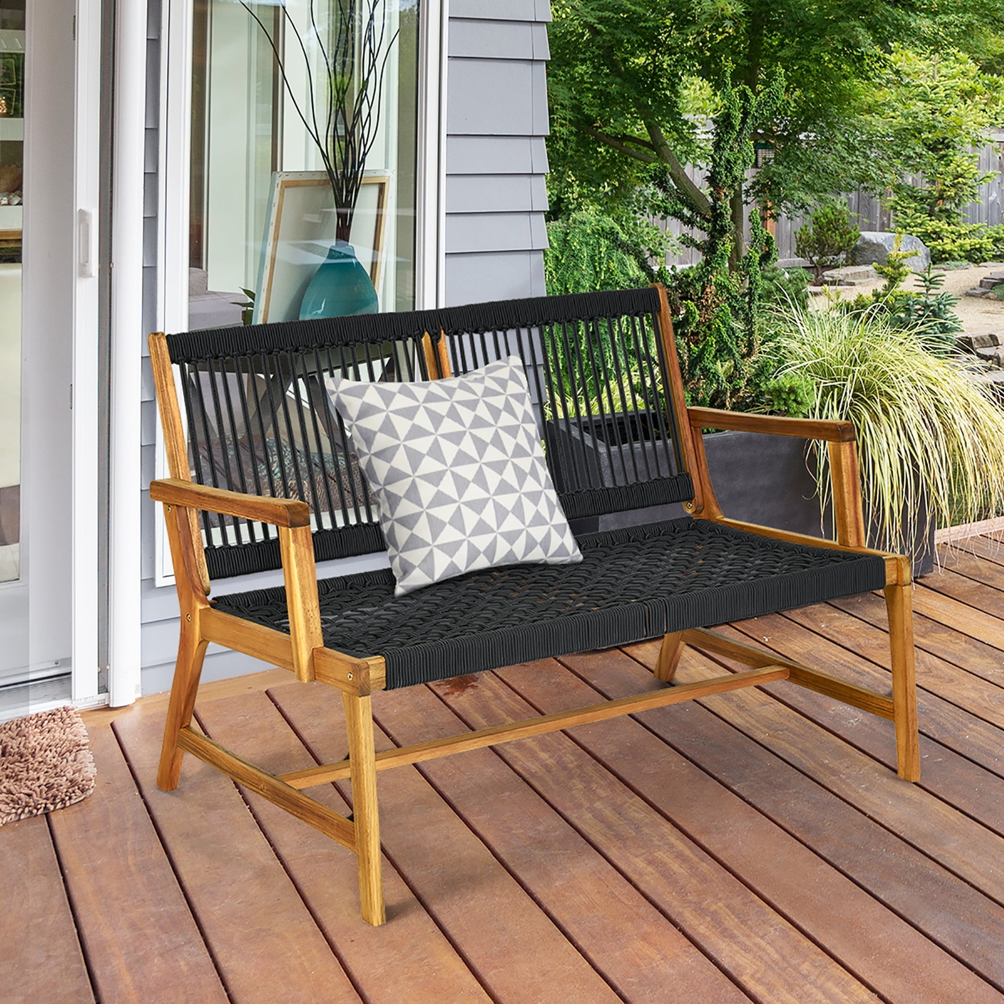 Patio Loveseat with Black Corded Back and Rope Patio Bench