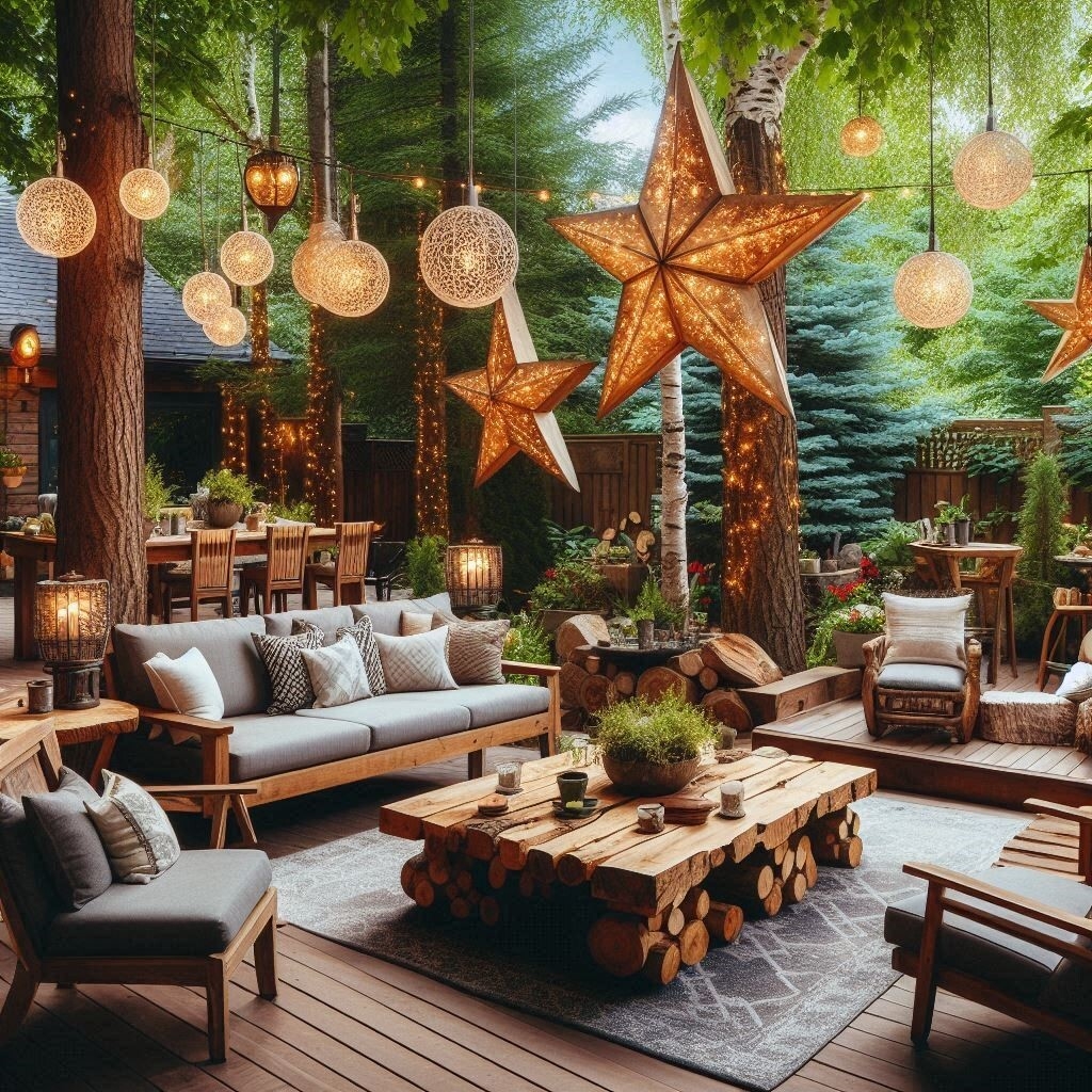 Patio Set: Outdoor Star Lantern Decor with Log Coffee Table