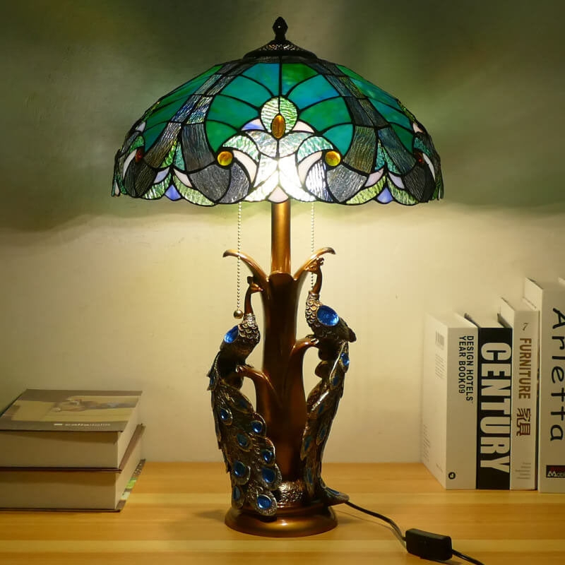 Peacock Sculpted Base Table Lamp with Emerald Green Glass