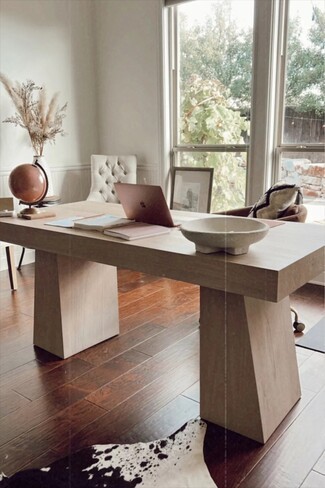Pedestal Desk with Thick Block Top and Tapered Base Design
