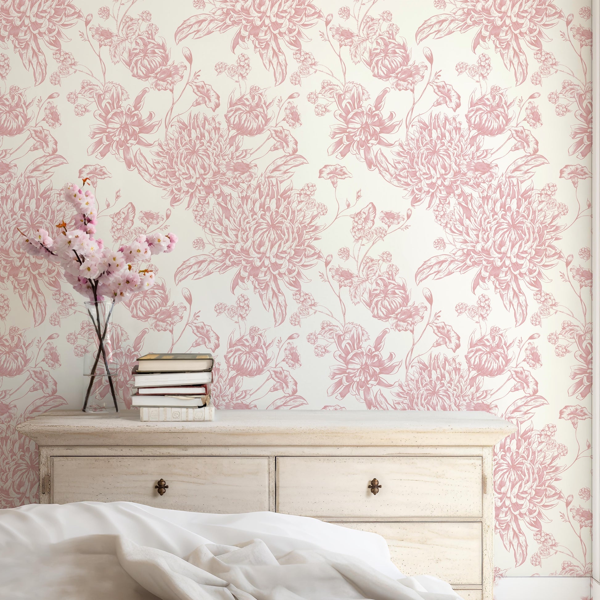 Peel And Stick Wallpaper: Blush Chrysanthemum Floral Print